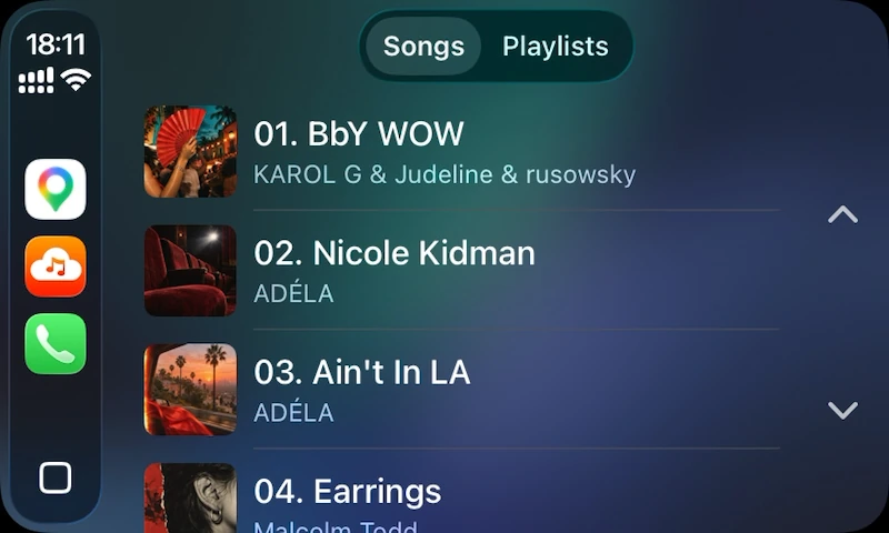 Cloud Music in CarPlay, with Songs and Playlists tabs and album covers.