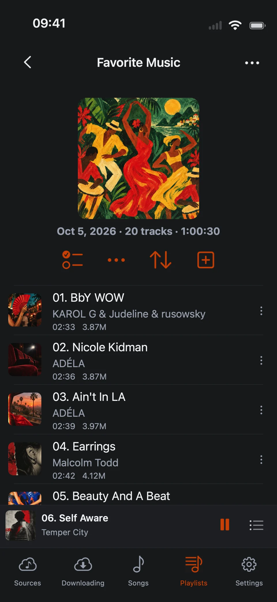 A playlist detail screen with artwork and music controls.