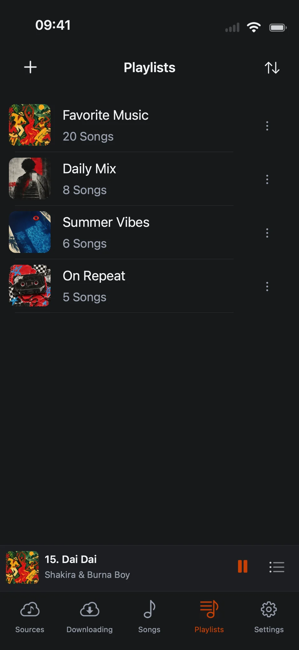 Playlist previews with custom cover artwork.