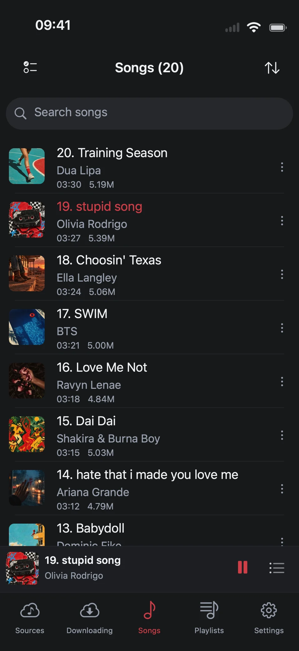 Songs preview showing a personal music library.