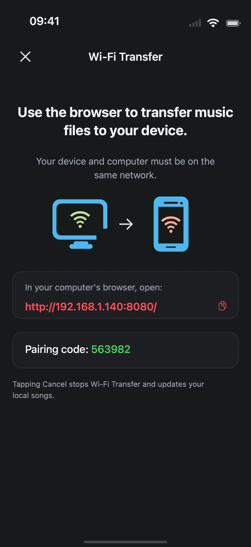 Wi-Fi transfer screen with a local address and pairing code.